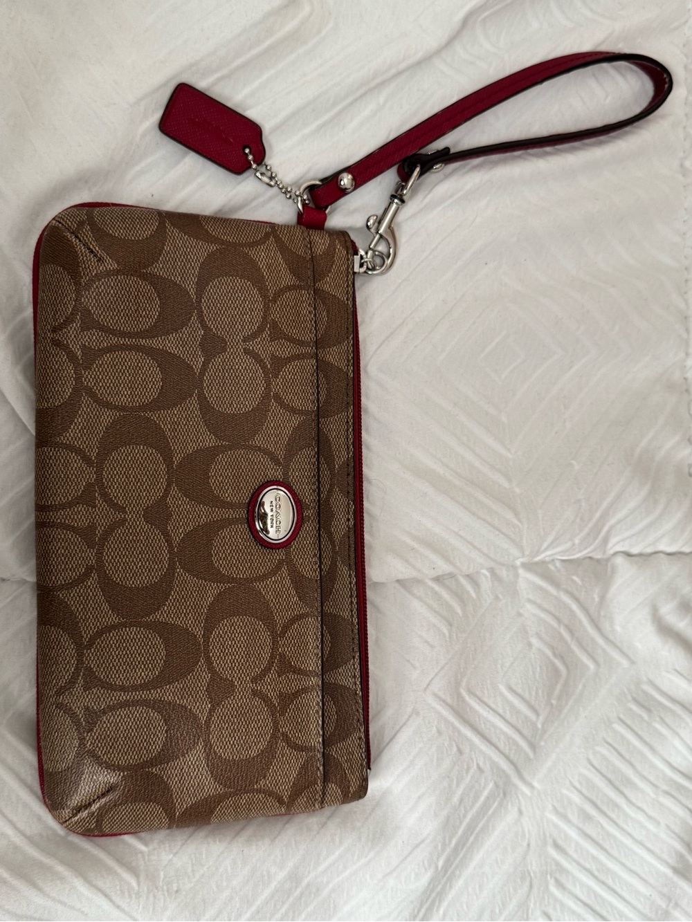 Coach Brown Signature Canvas Wristlet with Red Trim